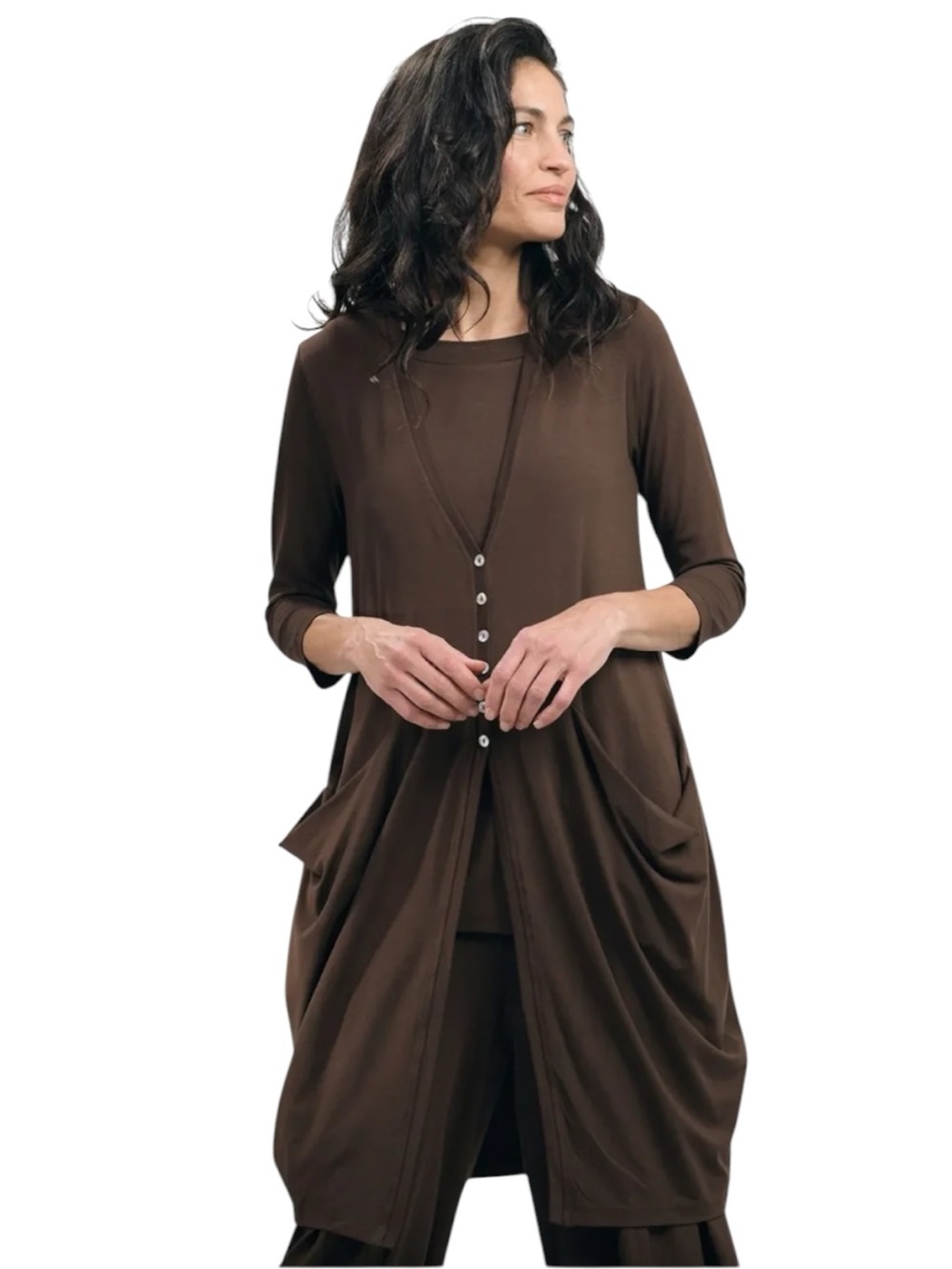Alembika Essential Cocoon Jacket Coffee Brown Size US 6-8 Draped Pockets Stretch